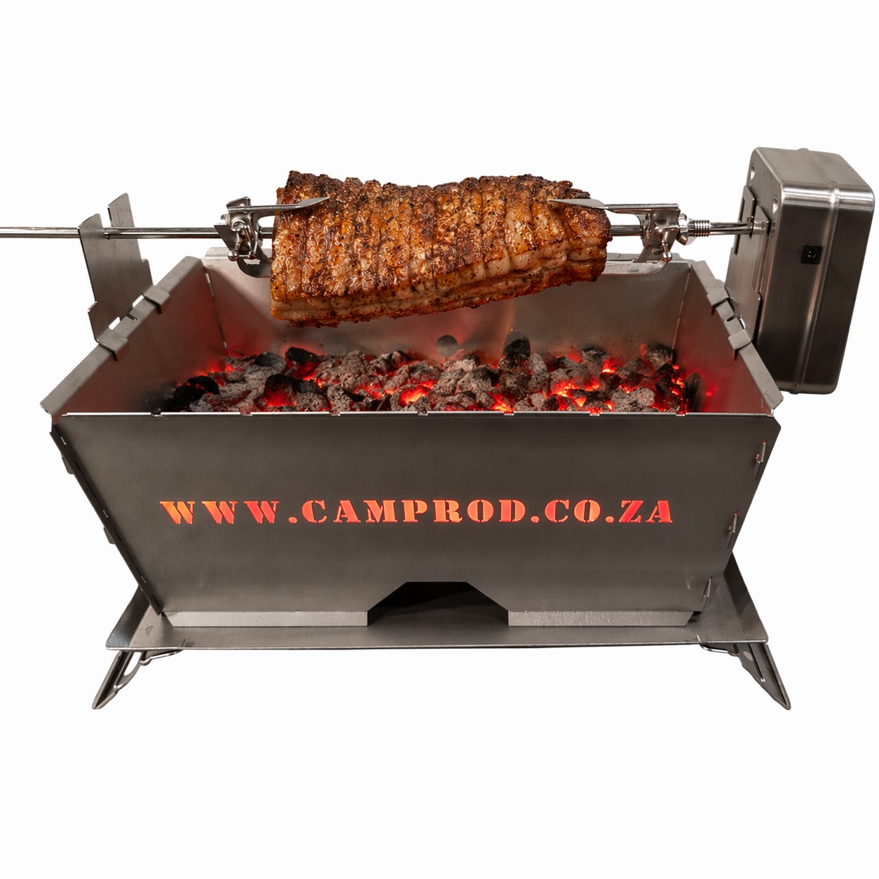 Flat Pack Deluxe Long Braai rotisserie cooking pork belly over wood fire coals
