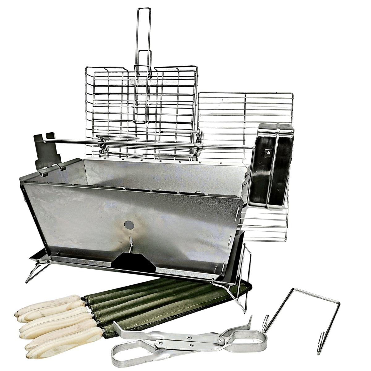 Flat Pack Deluxe Long Braai stainless steel portable braai with rotisserie shaft skewers and cooking accessories