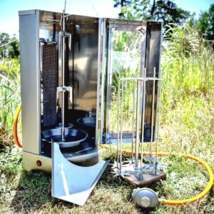 3-in-1 vertical spit cooking meat over gas with rotating skewers