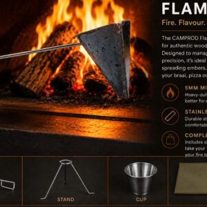 CAMPROD stainless steel flambadou with 5mm mild steel head used over an open wood fire for authentic wood-fired cooking.