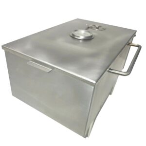 CAM Smoker Box – 330 × 200 × 130 mm compact stainless-steel smoker with built-in thermometer and vent hole.